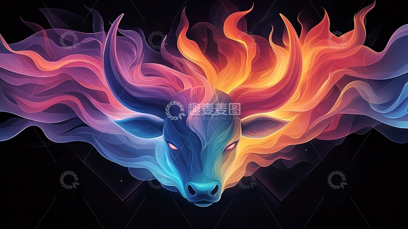 高清大图下载【趣麦麦图】色彩斑斓火焰牛头