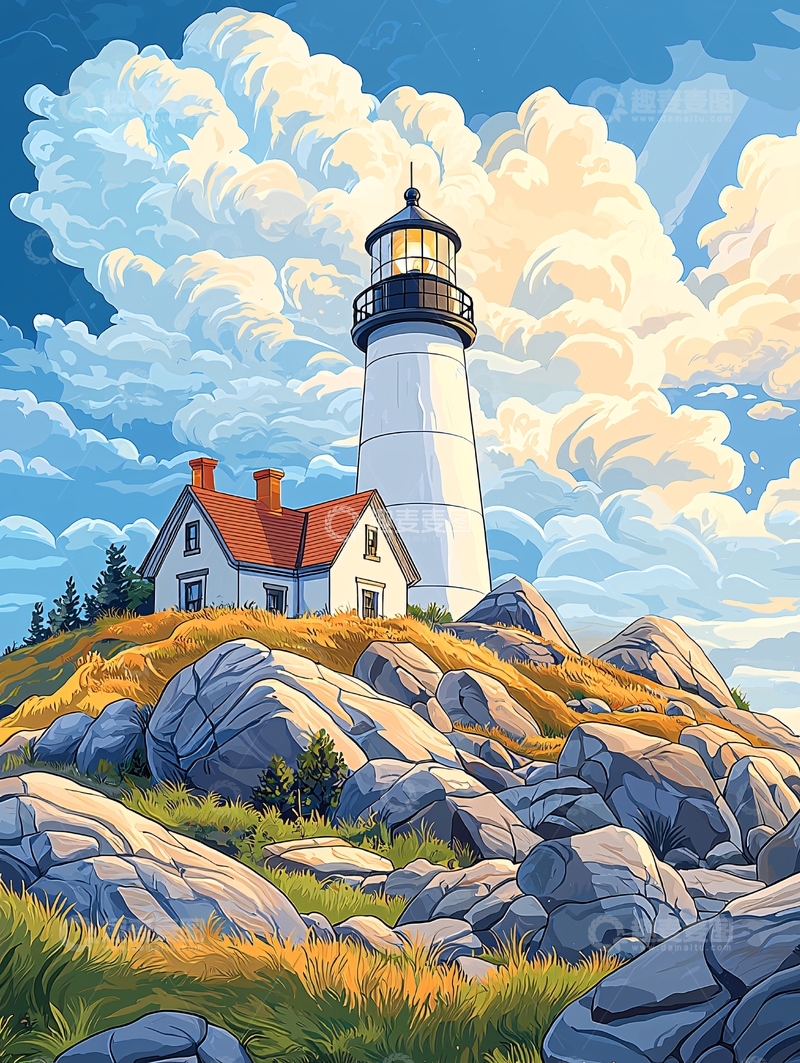 高清大图下载【趣麦麦图】-海边灯塔与房屋