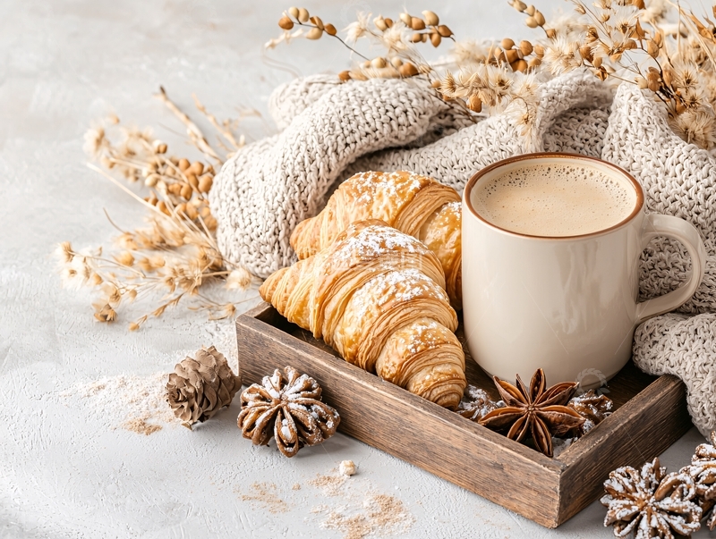 高清大图下载【趣麦麦图】早餐：咖啡和羊角面包