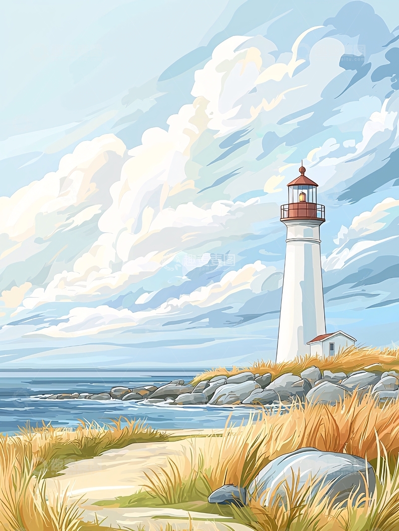 高清大图下载【趣麦麦图】海岸边的灯塔与天空云朵