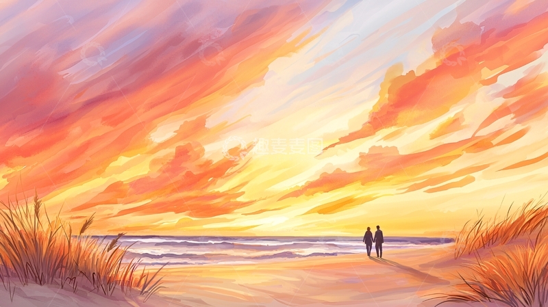 高清大图下载【趣麦麦图】海滩情侣日落美景