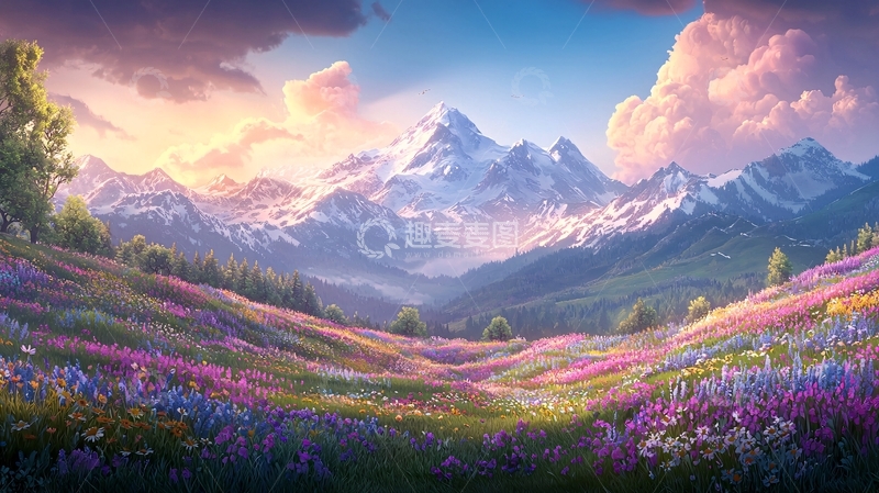 高清大图下载【趣麦麦图】绚丽山谷与雪山