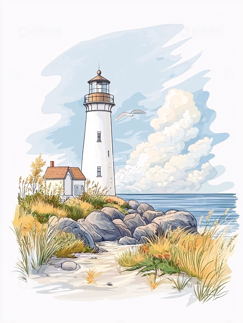 高清大图下载【趣麦麦图】海边灯塔水彩风景