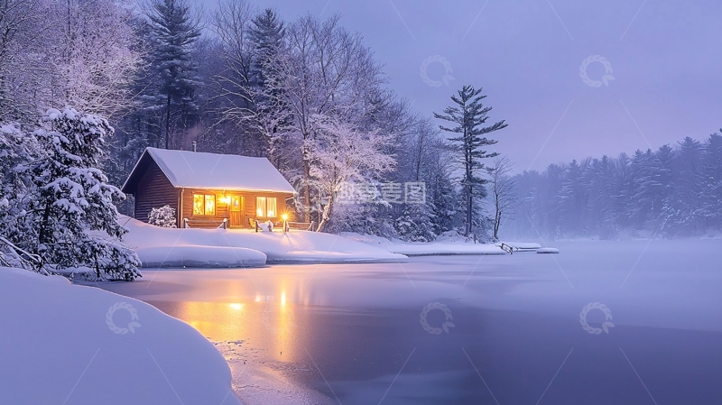 高清大图下载【趣麦麦图】雪中湖边小屋温暖灯光
