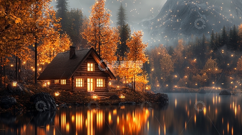 高清大图下载【趣麦麦图】秋季湖边小屋夜景