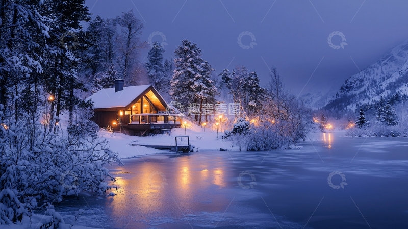 高清大图下载【趣麦麦图】冬日雪景中的温暖小屋