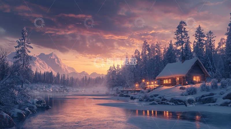 高清大图下载【趣麦麦图】冬日雪山小屋的唯美景色