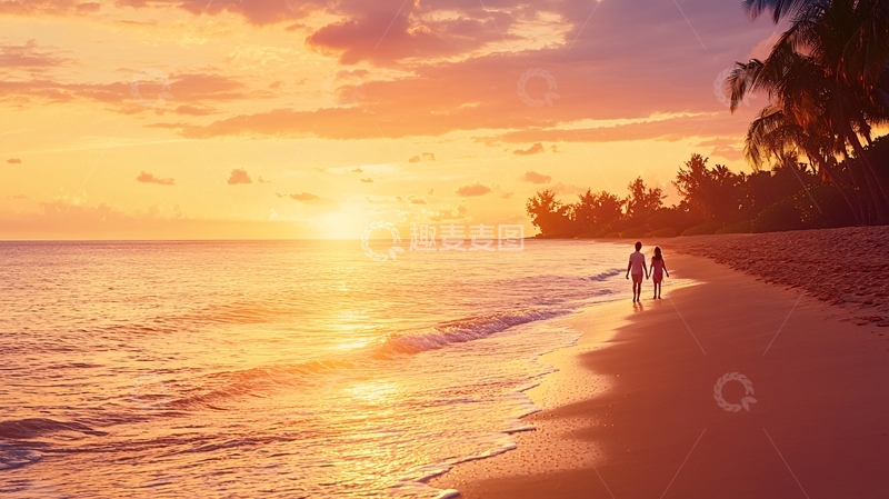 高清大图下载【趣麦麦图】海滩日落情侣剪影
