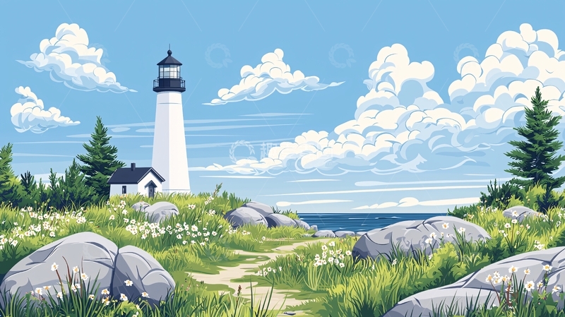 高清大图下载【趣麦麦图】蓝天白云灯塔海岸线风景