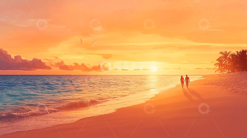 高清大图下载【趣麦麦图】情侣海滩日落剪影