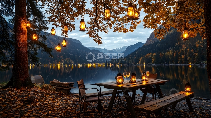 高清大图下载【趣麦麦图】湖边树上挂灯的餐桌