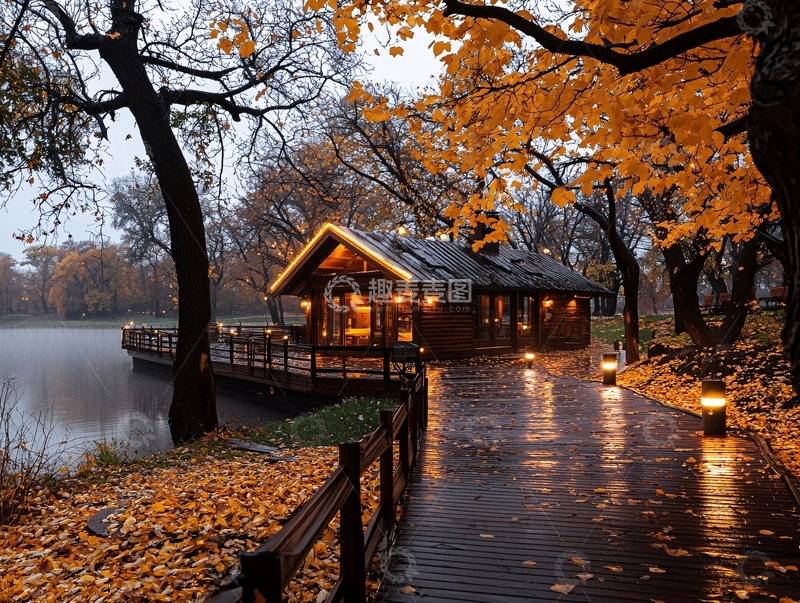 高清大图下载【趣麦麦图】秋季湖边小屋的迷人景象
