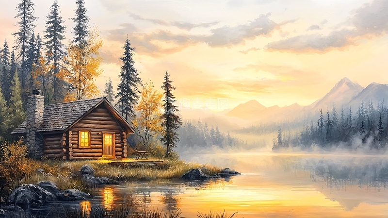高清大图下载【趣麦麦图】林中小屋湖边风景