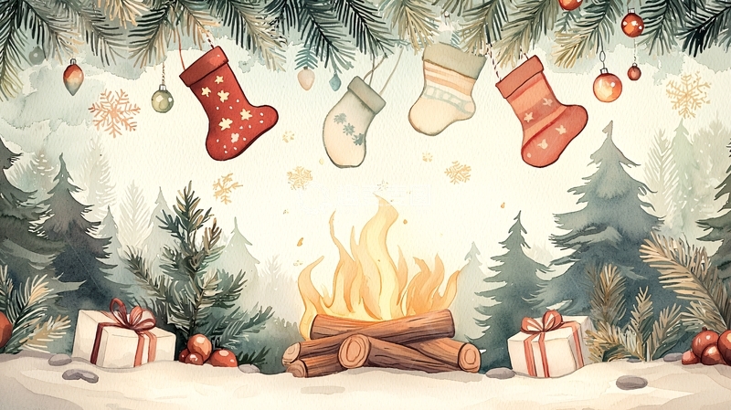 高清大图下载【趣麦麦图】圣诞壁炉袜子和礼盒
