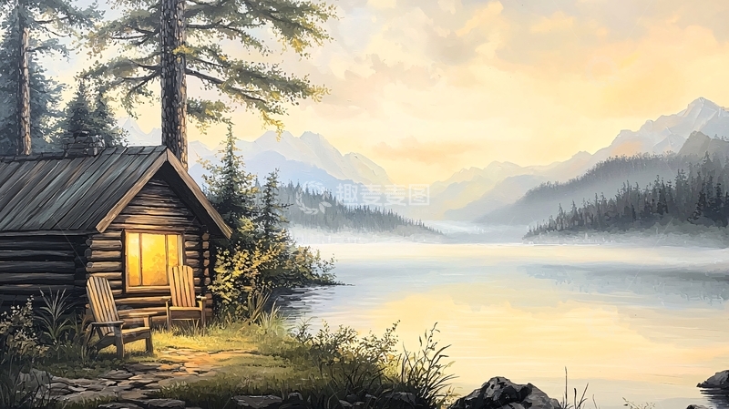 高清大图下载【趣麦麦图】湖边小屋的宁静清晨