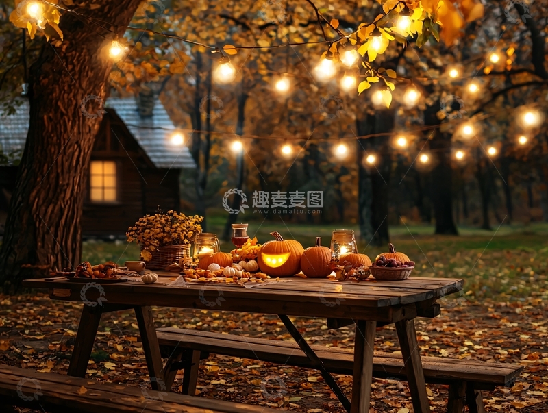高清大图下载【趣麦麦图】秋日户外餐桌暖光夜景