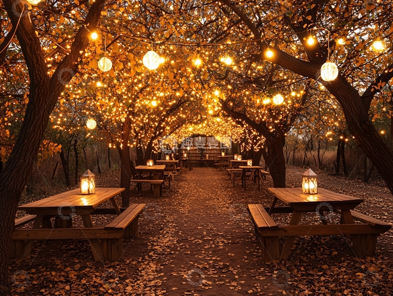 高清大图下载【趣麦麦图】温馨灯光下的户外餐桌