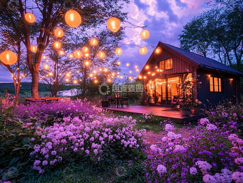 高清大图下载【趣麦麦图】浪漫花园小屋夜景