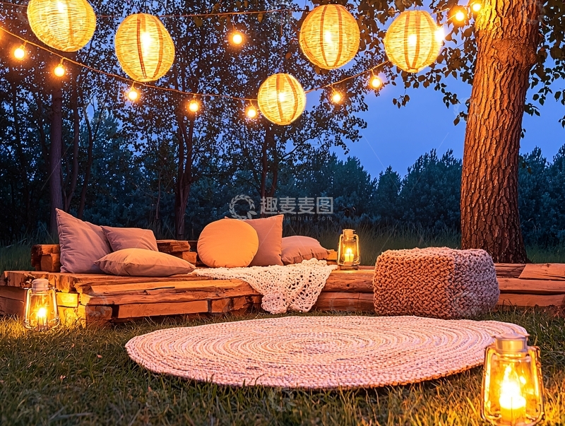 高清大图下载【趣麦麦图】户外夜晚浪漫灯光休息区