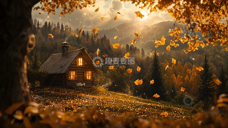 高清大图下载【趣麦麦图】秋日小屋森林景色