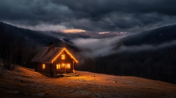 夜幕下山间小屋的温馨灯光