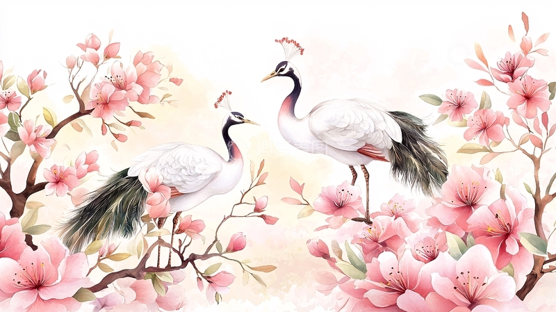 高清大图下载【趣麦麦图】水墨仙鹤与桃花