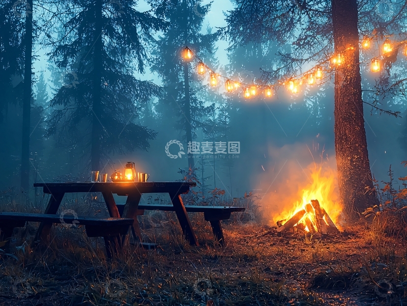 高清大图下载【趣麦麦图】森林夜晚篝火野餐