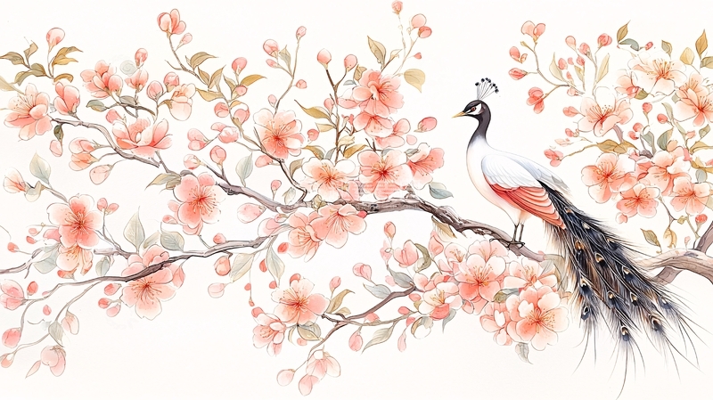 高清大图下载【趣麦麦图】桃花树上的白色孔雀