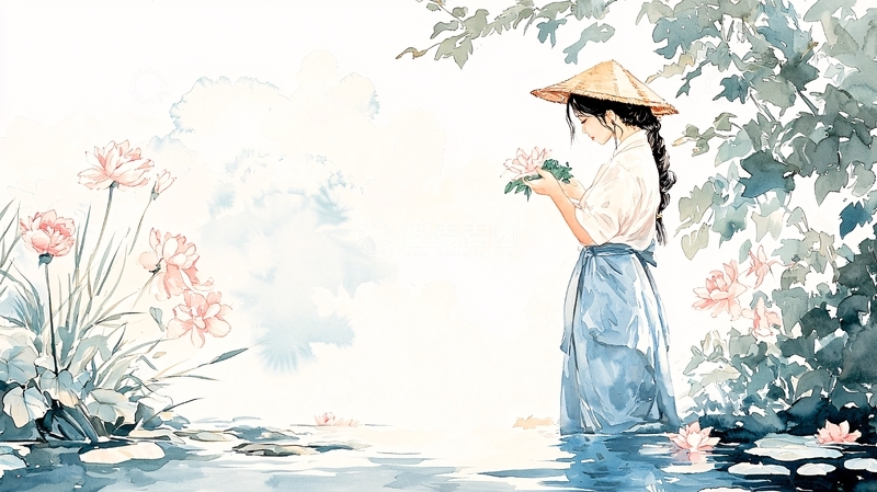 高清大图下载【趣麦麦图】水边戴斗笠的女子赏花