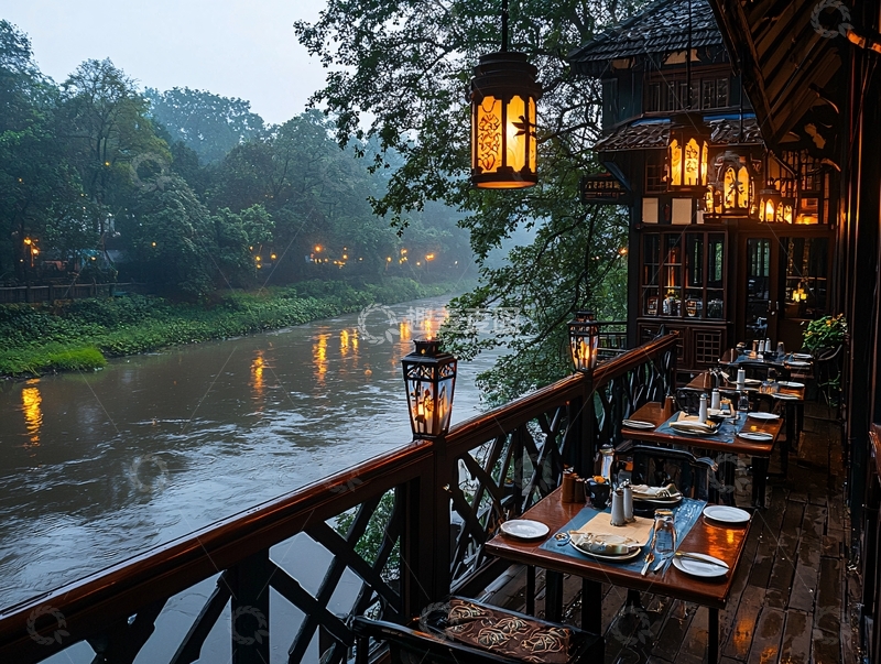 高清大图下载【趣麦麦图】河边餐厅的夜晚景色
