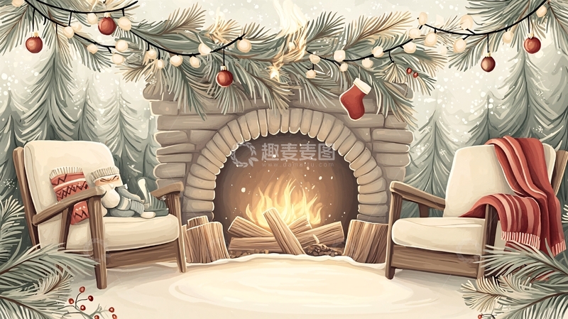 高清大图下载【趣麦麦图】壁炉前的圣诞节场景
