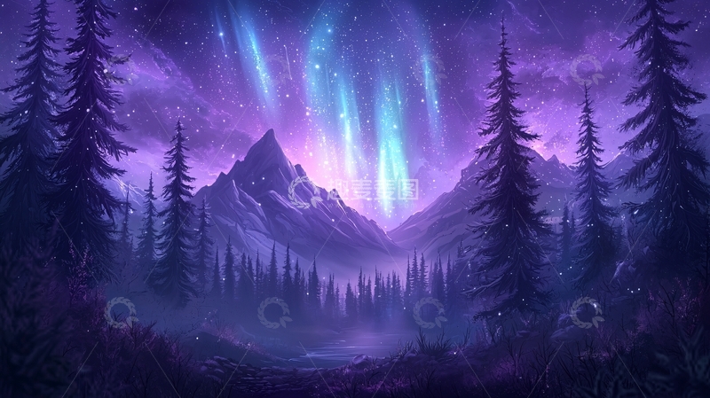 高清大图下载【趣麦麦图】紫色星空下的山与森林