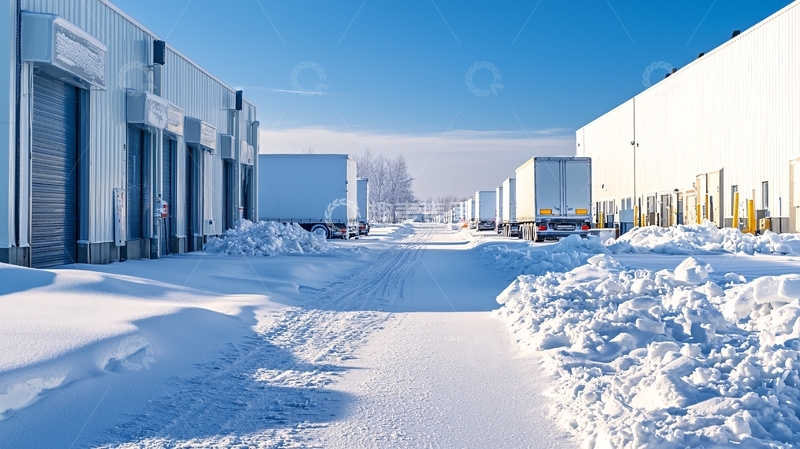 高清大图下载【趣麦麦图】寒冬雪后仓库物流景象