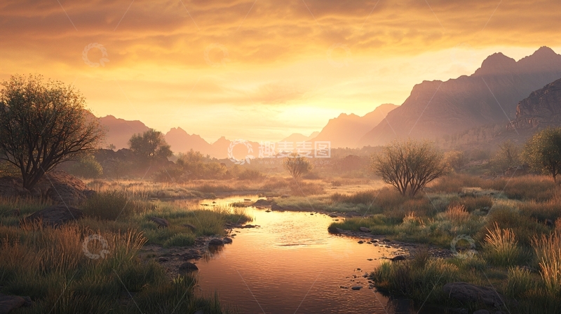 高清大图下载【趣麦麦图】金色夕阳下的宁静山谷