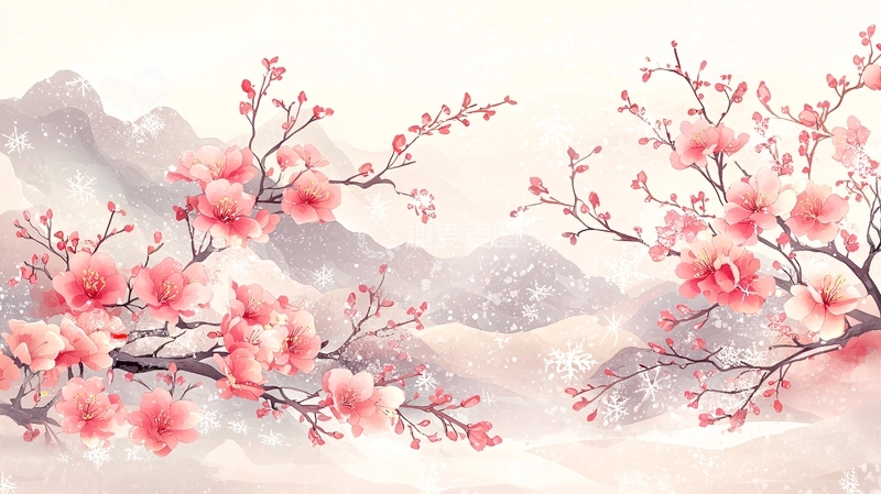 高清大图下载【趣麦麦图】粉色花朵与山水交融的意境图