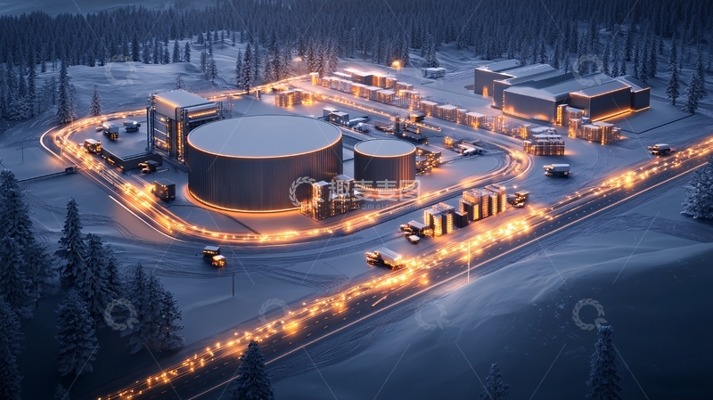 高清大图下载【趣麦麦图】冬季雪景中的工业设施夜景