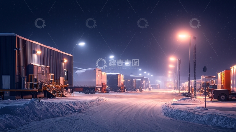 高清大图下载【趣麦麦图】夜间雪地仓库卡车停靠