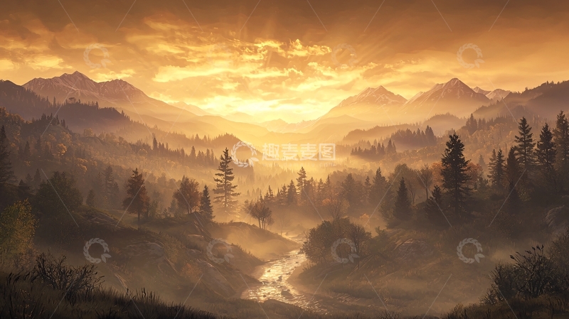 高清大图下载【趣麦麦图】金色光芒下的山脉森林