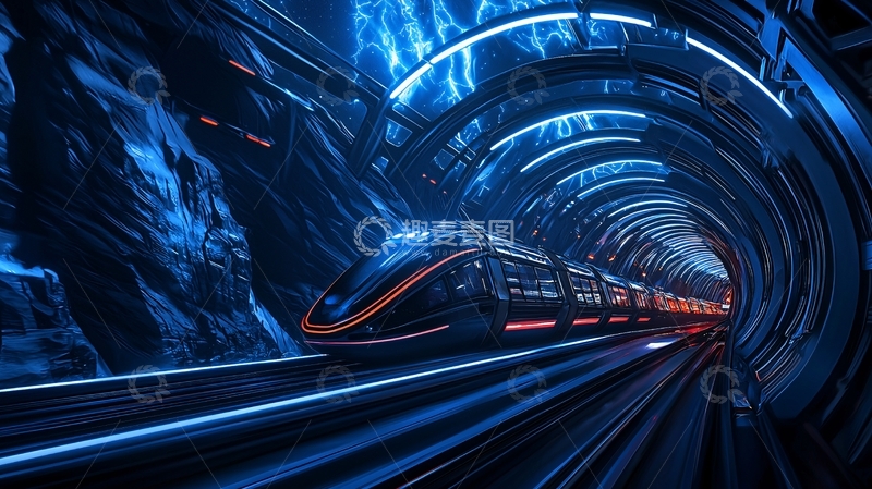 高清大图下载【趣麦麦图】蓝色灯光下的列车隧道
