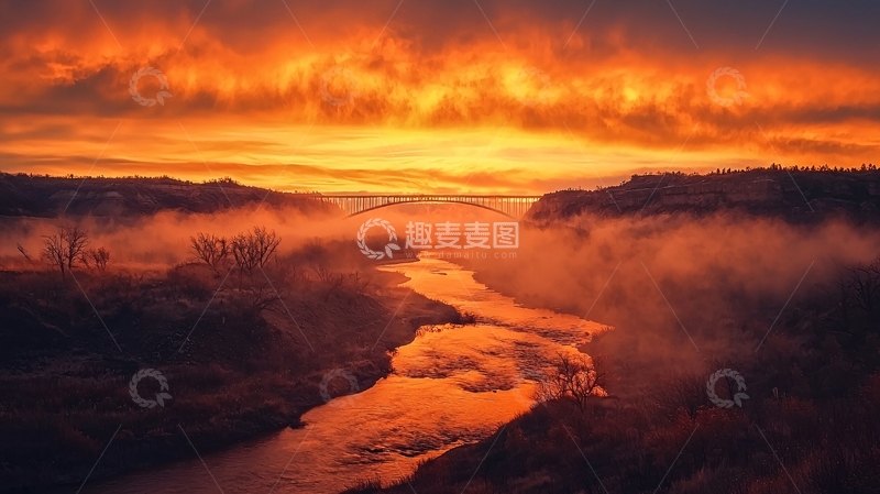 高清大图下载【趣麦麦图】橘色天空下的河流