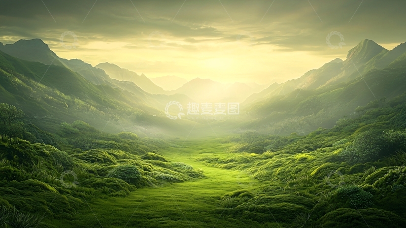 高清大图下载【趣麦麦图】绿色山谷笼罩着雾气