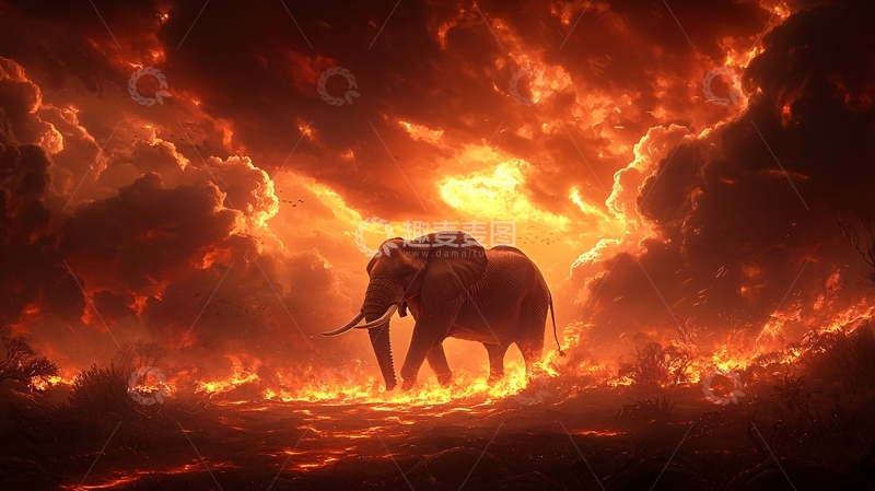 高清大图下载【趣麦麦图】火焰背景下的非洲象