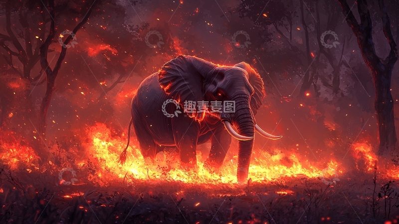 高清大图下载【趣麦麦图】燃烧森林中的大象