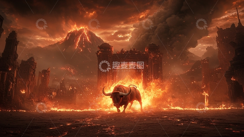 高清大图下载【趣麦麦图】燃烧公牛火山爆发场景