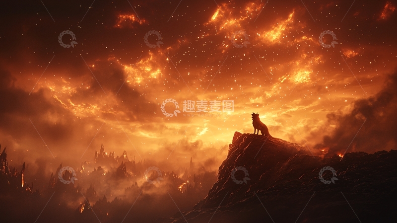 高清大图下载【趣麦麦图】狼站在悬崖边仰望燃烧的天空