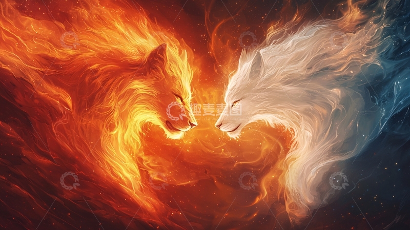 高清大图下载【趣麦麦图】火与冰的狼对视