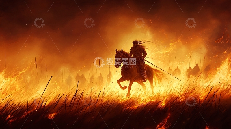 高清大图下载【趣麦麦图】骑马的武士在燃烧的原野