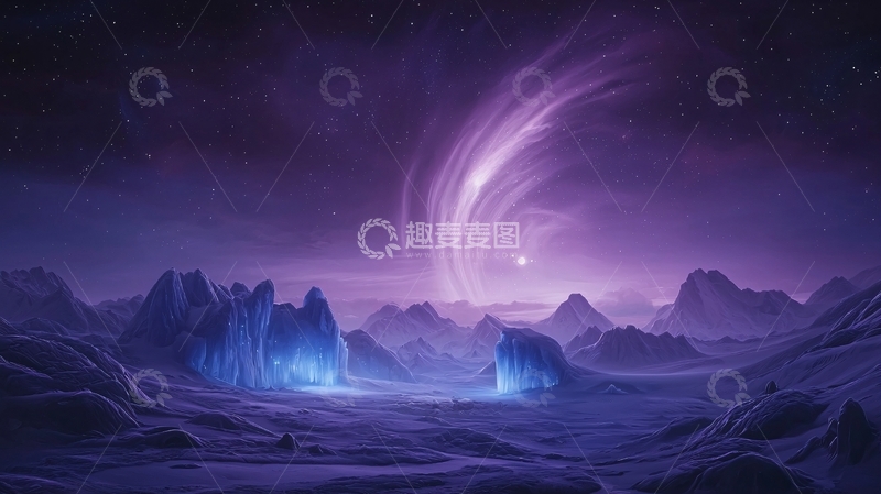 高清大图下载【趣麦麦图】紫色星云下的冰雪山脉
