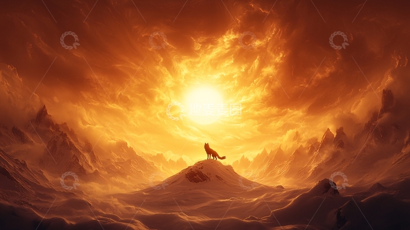 高清大图下载【趣麦麦图】狼在山顶对着太阳咆哮