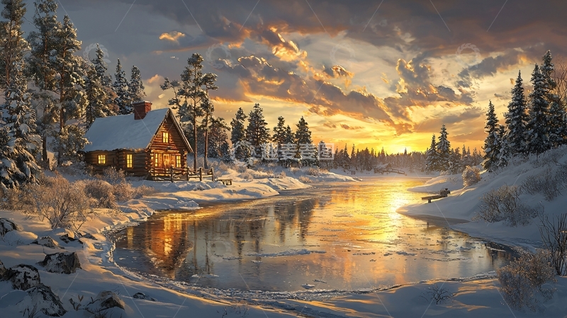 高清大图下载【趣麦麦图】雪夜小屋与金色日落倒影